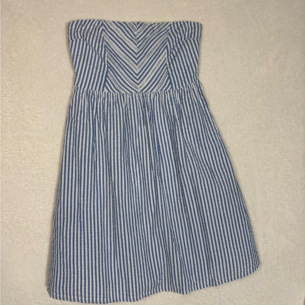 Old Navy Preppy Blue White Strapless Dress Casual seersucker minimalist Size 8